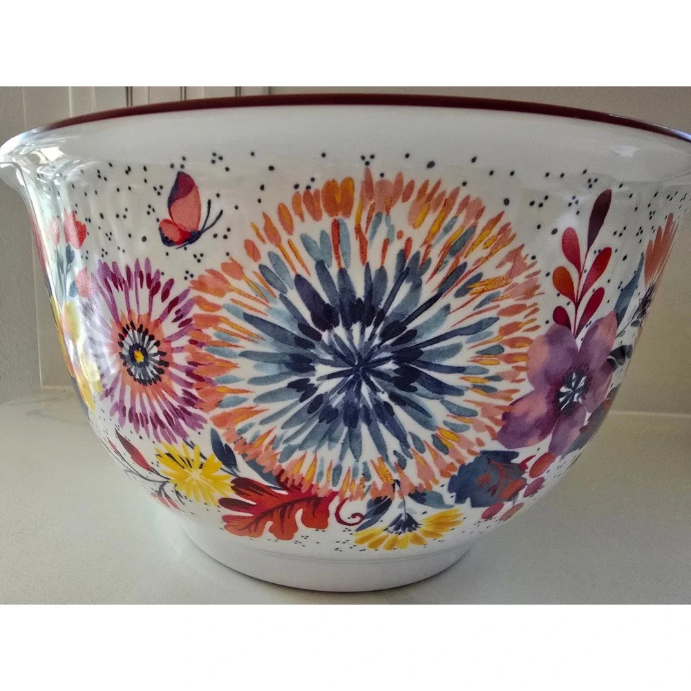 Pioneer Woman Melamine Mixing Bowl Floral Butterfly Farmhouse Burgundy White
